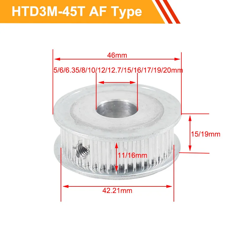 

3M 45T Timing Pulley HTD3M Type Gear Belt Pulley 11mm/16mm Belt Width 8/10/12/12.7/15/19/20mm Bore Aluminium Pulley Wheel
