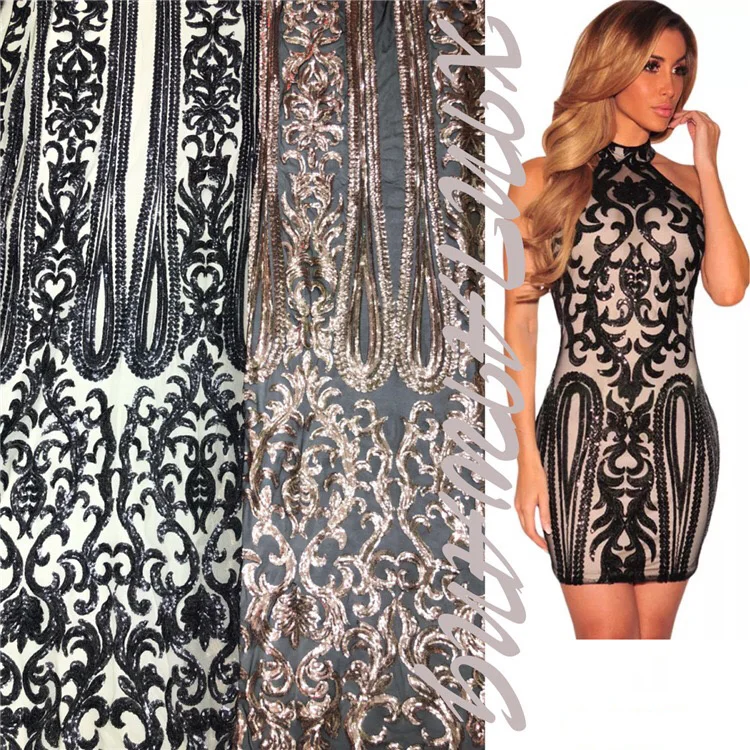 1 ярд черные/шампанские блестки на бежевой эластичной сетке с вышивкой кружево в