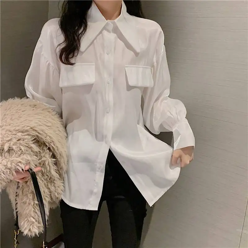 

HStar 2020 spring Women solid Pockets Loose Shirt lady turn down collar Tops female lantern sleeve Shiny Blouses