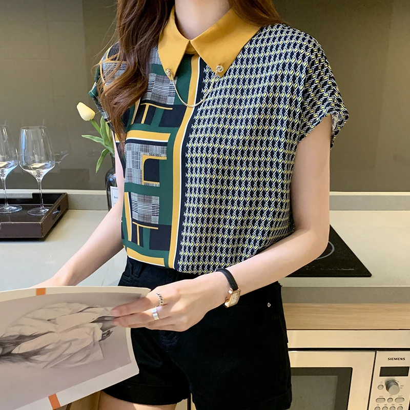 

Women's Blouse Polo Shirt Short Sleeve Tops Plaid Printing Chiffon Top Fashion Casual Shirts Summer New 10113