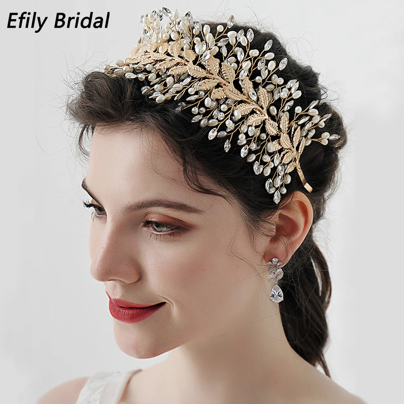 

Efily Leaf Pearl Crown Headband Bridal Tiaras and Crowns for Women Hair Accessories Wedding Crystal Hair Jewelry Party Headpiece