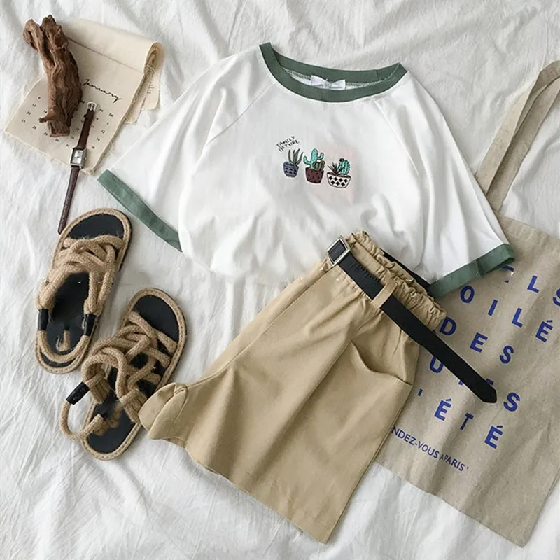 Летняя женская Милая футболка 2 шт наряды белая с принтом кактуса шорты высокой