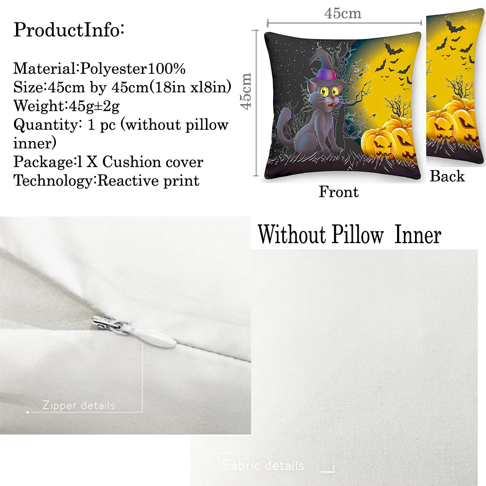 Funda de almohada de feliz Halloween, cubierta de coj&iacute;n de calabaza, murci&eacute;lago, fantasma, sof&aacute;, funda de almohada de cama, funda de coj&iacute;n de fiesta de terror para decoraci&oacute;n del hogar de 45cm-1