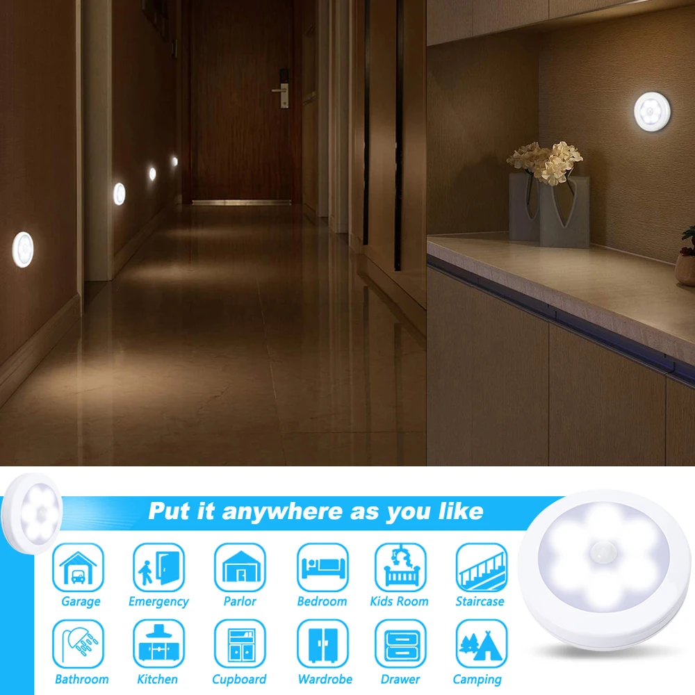 

Motion Sensor LED Night Light Wireless PIR Sensor Lamp 6LED Kitchen Cabinet Light Staircase Closet Room Aisle Lighting Wall Lamp