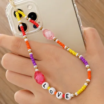 

Fashion LOVE Letter Mobile Phone Chain Mixed Color Glass Round Beads Rice Bead Telephone Anti-Lost Lanyard Women's Jewelry Gifts
