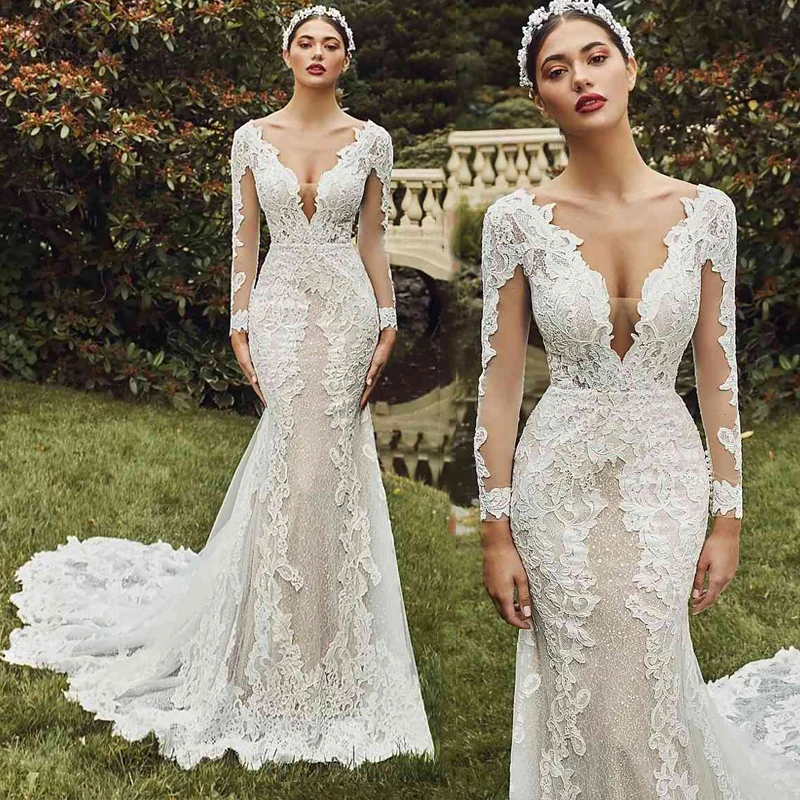 

Vintage Long Sleeve Wedding Dress For Women 2021 robe de mariée Mermaid Lace Wedding Gowns Sexy V Neck Custom Made Bridal Dress