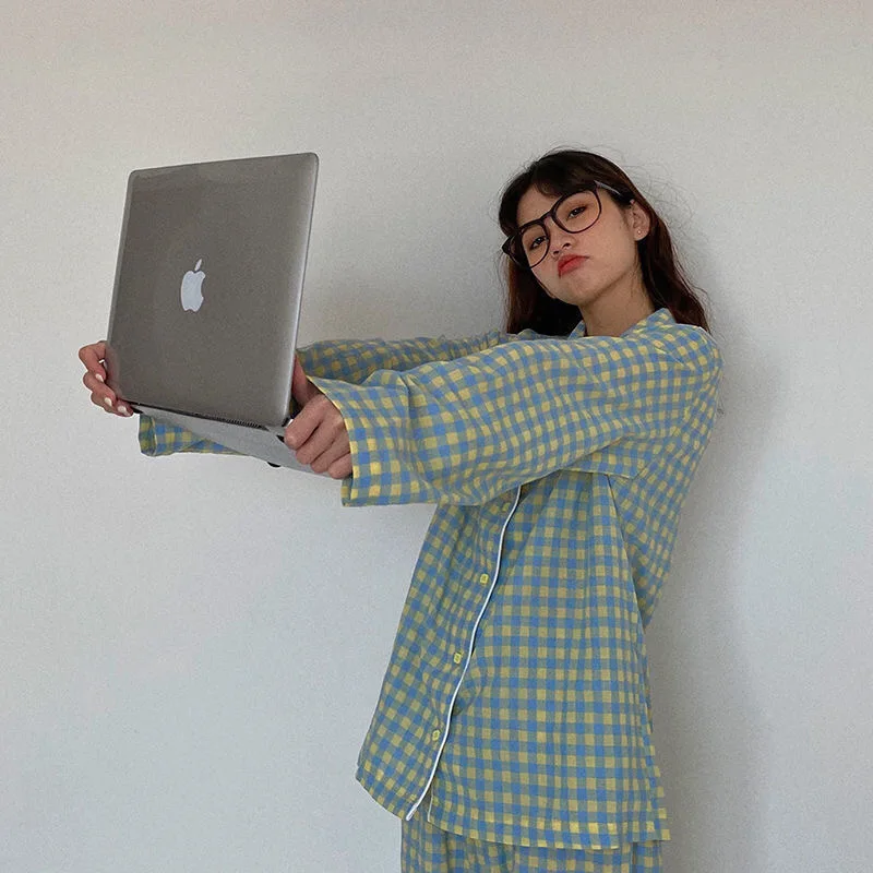 QWEEK Plaid Women Pajamas Korean Green Girls Pyjamas Sets Autumn Pijamas Sleepwear Nightie Nightgown Loungewear Dropshipping