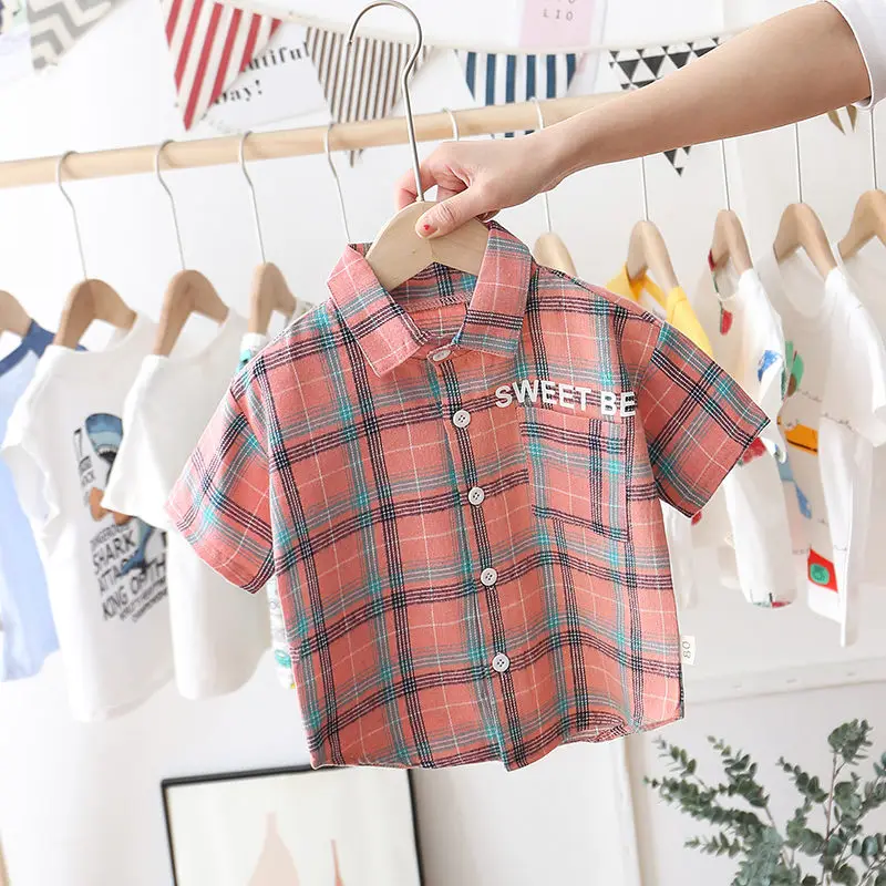 Детская рубашка в клетку с коротким рукавом и карманами|Рубашки| |
