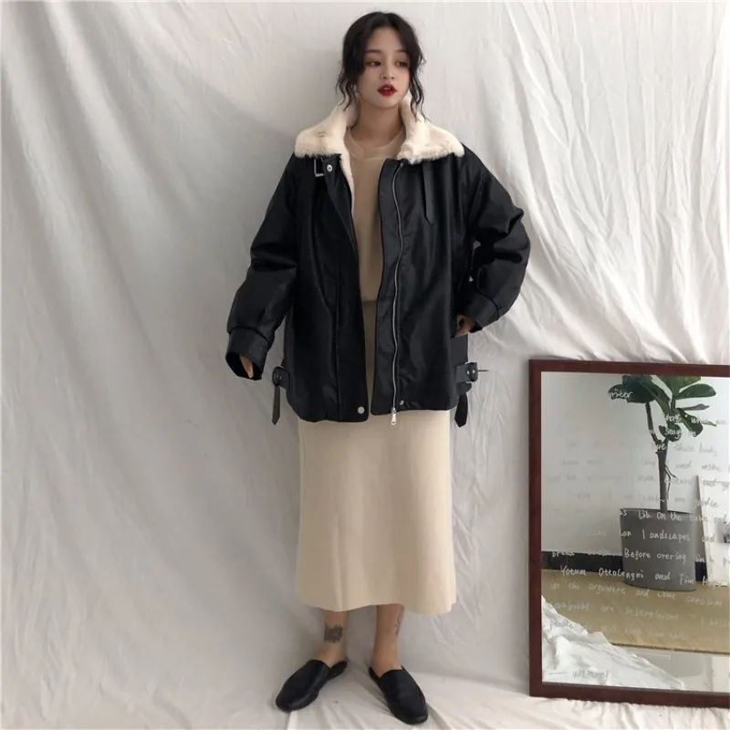 

Luck A Autumn and winter women's new thick loose motorcycle clothing fur collar leather women's fashion casual thick coat