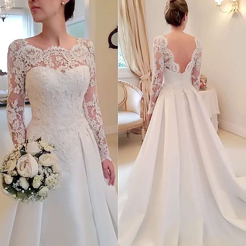 

Элегантное свадебное платье с круглым вырезом и длинным рукавом, кружевное свадебное платье, Элегантное свадебное платье с открытой спиной...