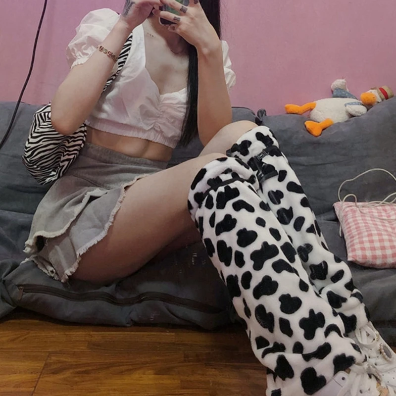 

Japanese Women Student Plush Leg Warmers Lolita Girl Kawaii Black White Cow Print Long Socks Harajuku Gothic Foot Covers