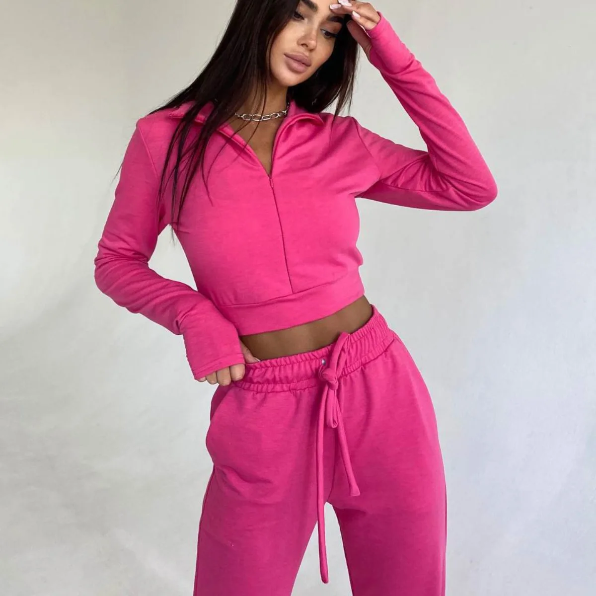 

Tracksuits Women Sets Zipper Up Long Sleeve Crop Sweatshirt and Drawstring Jogger Sweatpant Loungewear 2 Pcs Suits