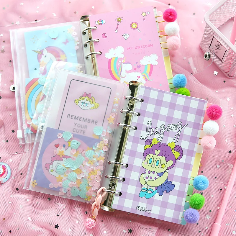 Kawaii блокнот милый Единорог журнал A6 дневник сетка линия 6 колец планировщик