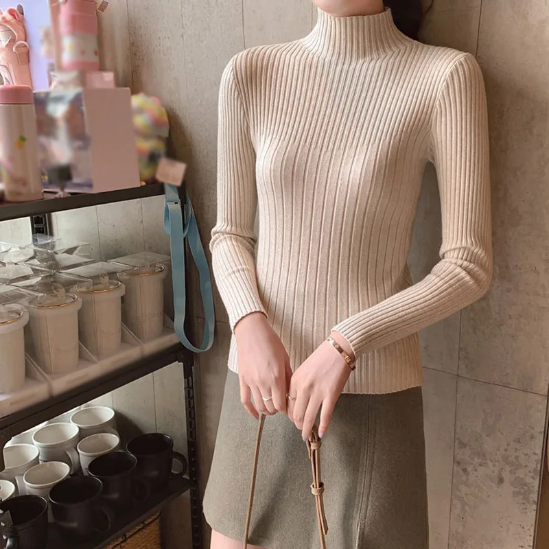Autumn And Winter Korean Sweater Women Turtleneck Long Sleeve Solid Color Slim Pullover Casual Knitted Bottoming Shirt Sweaters | Женская