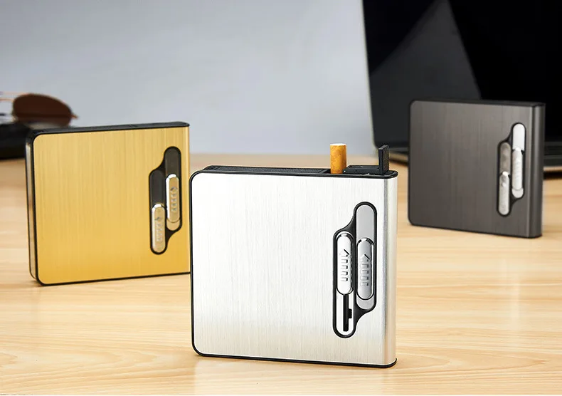 Креативный 20 сигарет пакет дым чехол с электронная USB Зажигалка металлические сигареты коробка ветрозащитный автоматический всплывающие зажигалки