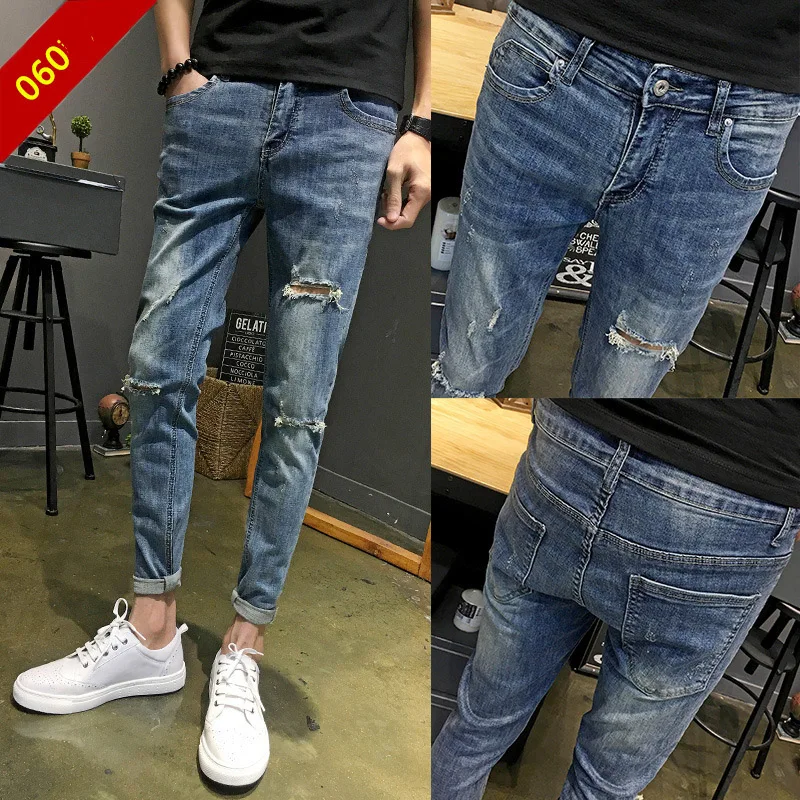 Wholesale 2021 Jeans male ripped hole spring autumn ankle length pants teenagers Korean Slim feet skinny jeans men pencil | Мужская