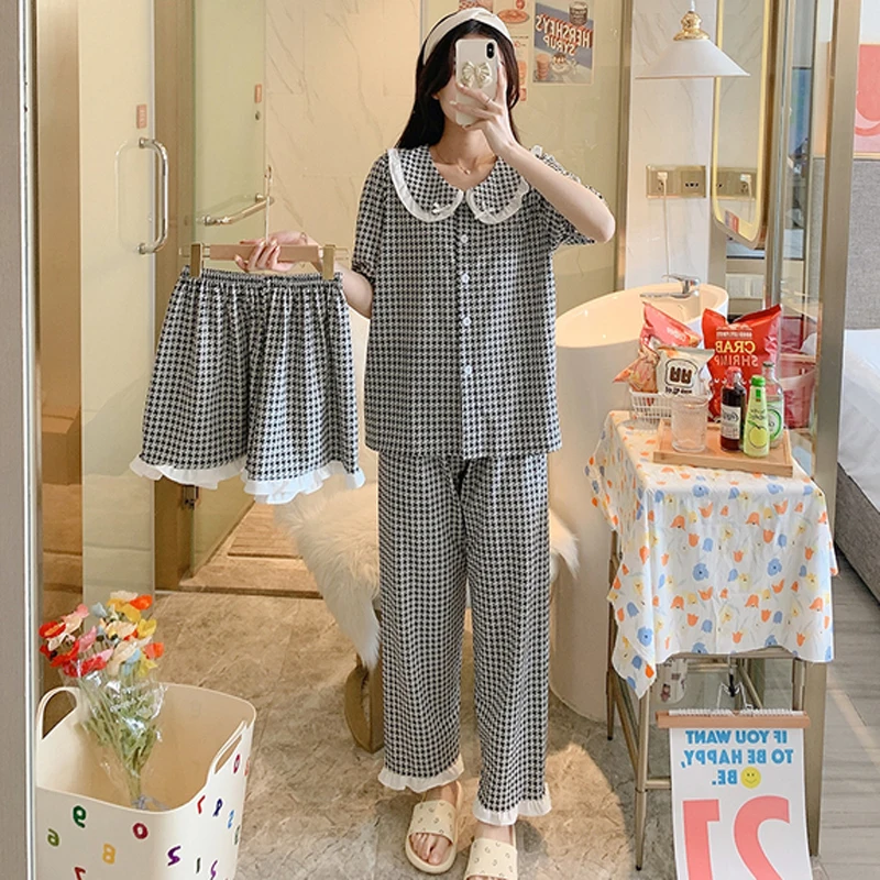 

New Summer Cotton Women Pajamas Set Leisure 3 pieces Shirts+Trousers+Shorts Sleepwear Sweet Doll Collar Pyjamas Soft Home Wear