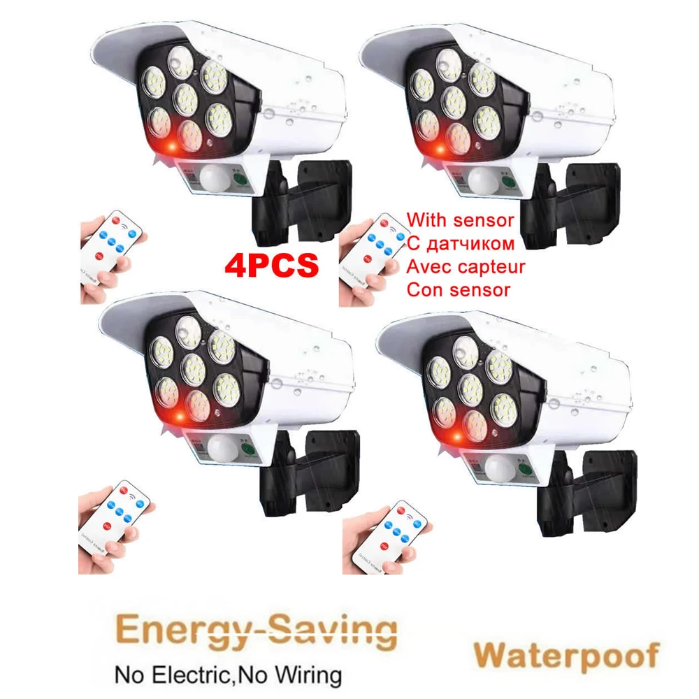 

4pcs remote solar fake monitor dummy camera Outdoor Wall Lamp 3 Modes PIR Motion Sensor Waterproof Light Garden Path Emergency S