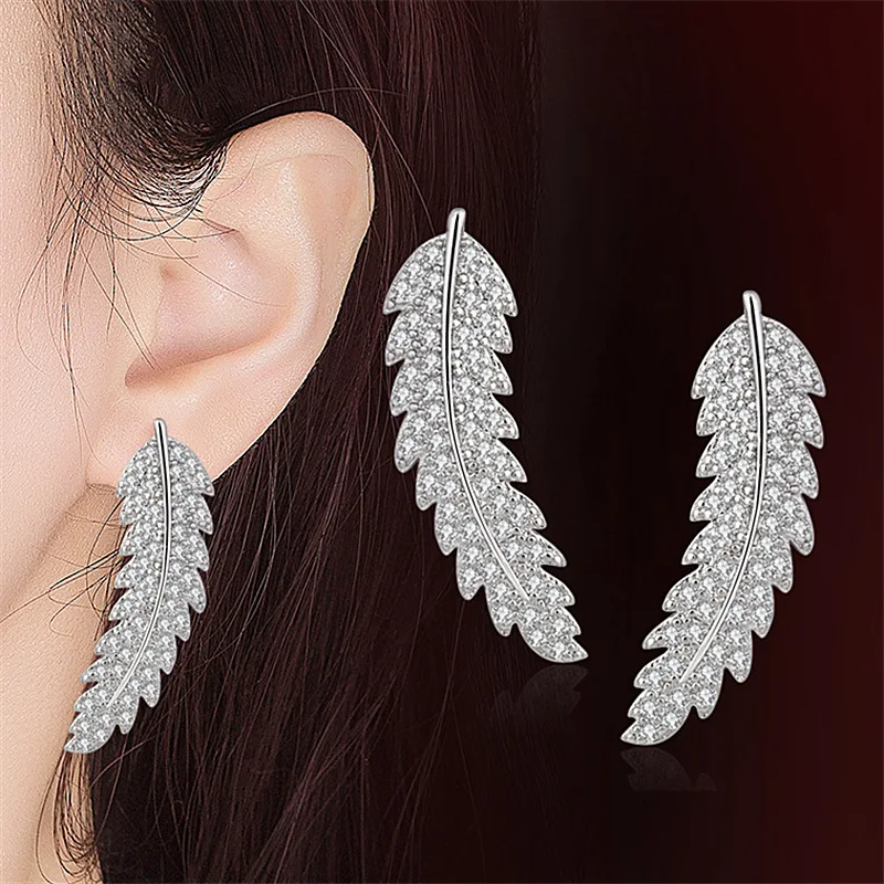 

925 Sterling Silver The leaves CZ Ear Climber Stud Earrings For Women Girls Jewelry Orecchini Aros Aretes Ear Jacket Oorbellen