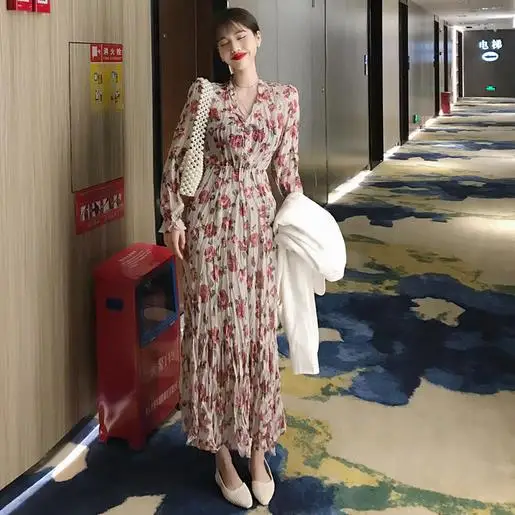 Pink Print Floral Casual Waist-Controlled Loose Long Sleeves Summer Sweet Simple Women All-Match Ankle Length Dress AE672 | Женская