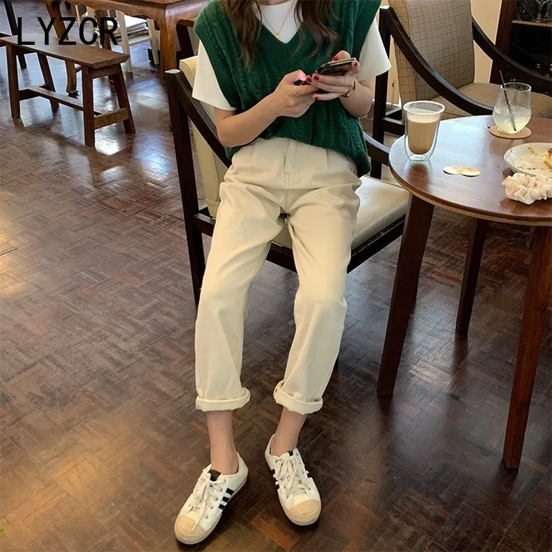 Зимние Бежевые женские бархатные теплые джинсы LYZCR утепленные с высокой талией