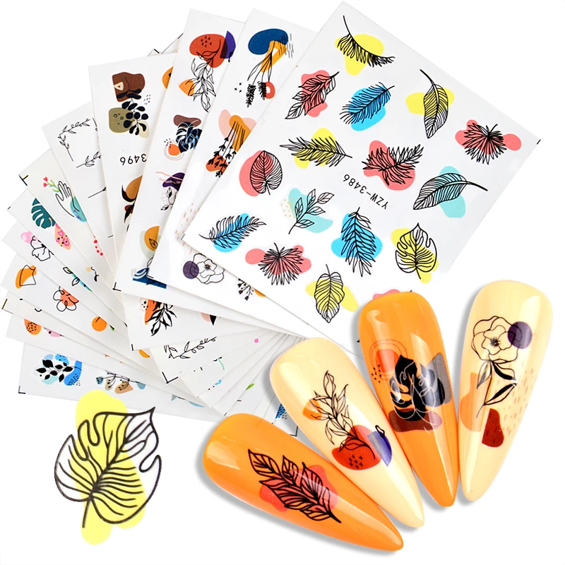 Новые наклейки для дизайна ногтей много черных листьев цветок бабочка Водные