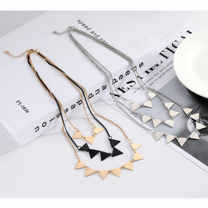 Geometric Triangle Three Layered Necklace Gold Black Link Chain Necklaces For Women Fashion Jewelry Bijoux Femme | Украшения и