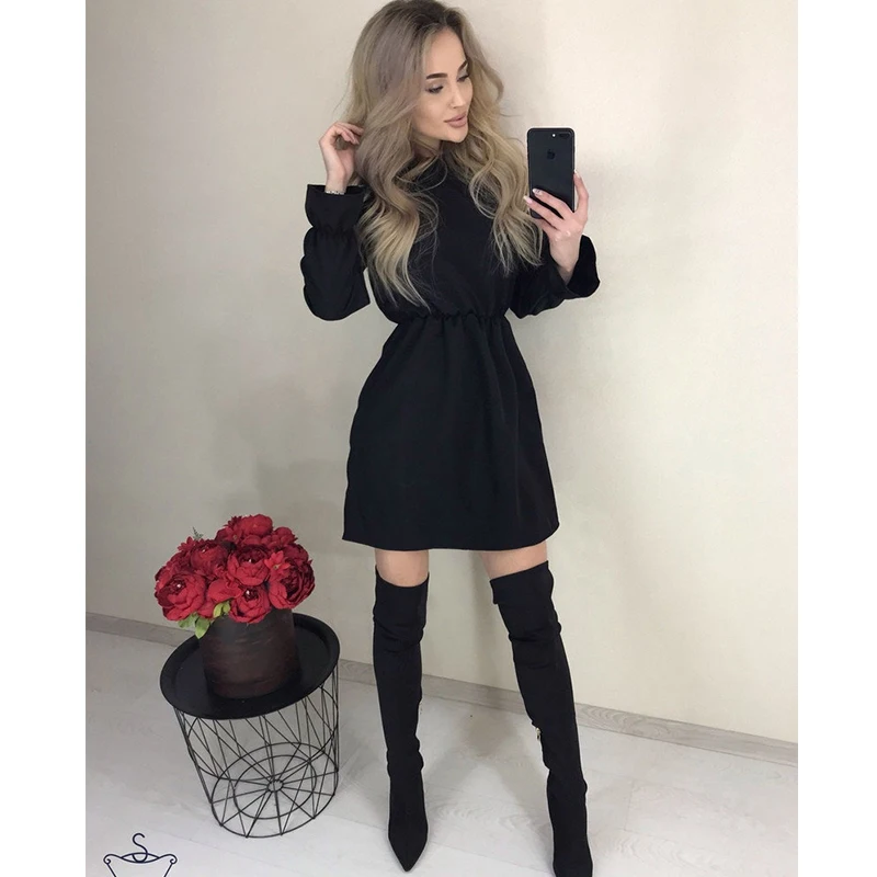 Женское однотонное повседневное мини платье с оборками длинным рукавом