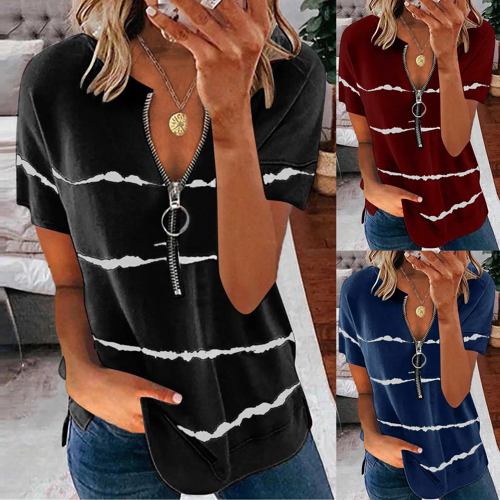 

68# Tee Shirts Tops Women 2021 Fashion Pure Color Stripe Zipper Short Sleeves Casual T-shirts Mujer Camisetas