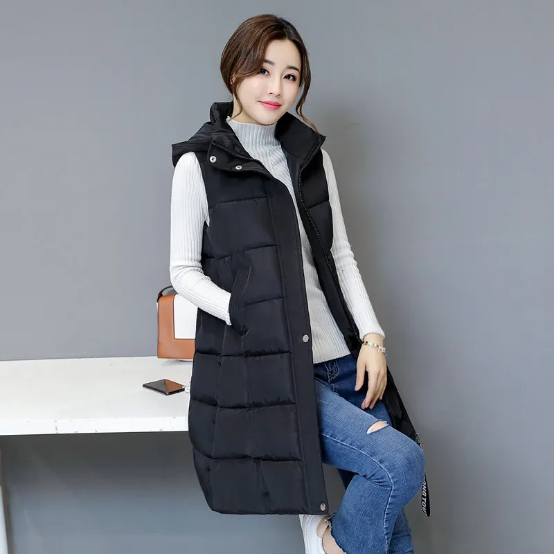 

2021 Autumn Winter Cotton Vest Coat Women's Long Korean Casual Hooded Collar Loose Black Long Sleeve Puffer Vests Parka