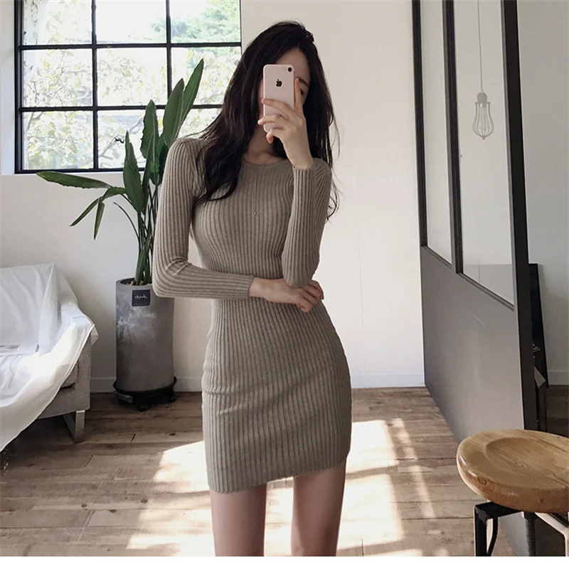

A Korean Long Sleeve Sweater Dress Ladies High Waist Hip Tight Knit Dress Round Neck Pullover Knit Elegant Mini Dress