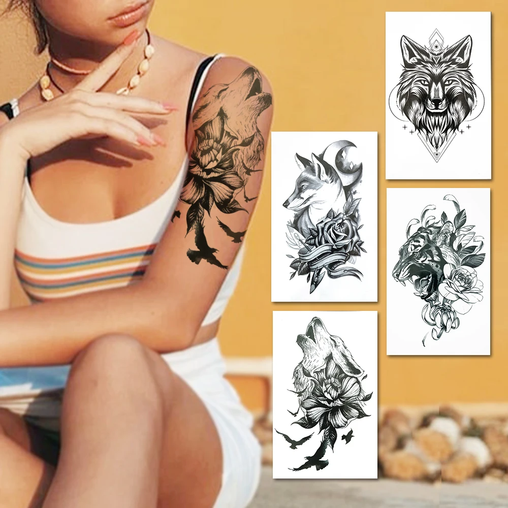 

Black Wolf Temporary Tattoos For Men Women Geometric Coyote Tattoo Sticker Lotus Tiger Daisy Rose Flower Waterproof Tatoo Hands