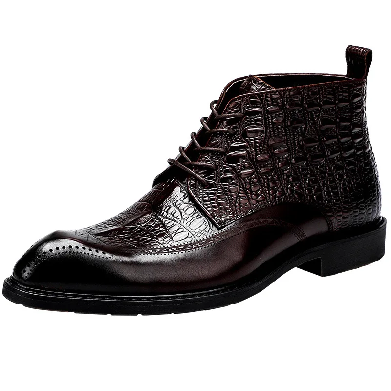 

Handmade Genuine Leather Crocodile Pattern Motorcycle Boots Winter Snow Boots Lace Up High Top Dress Business Shoes For Men A195