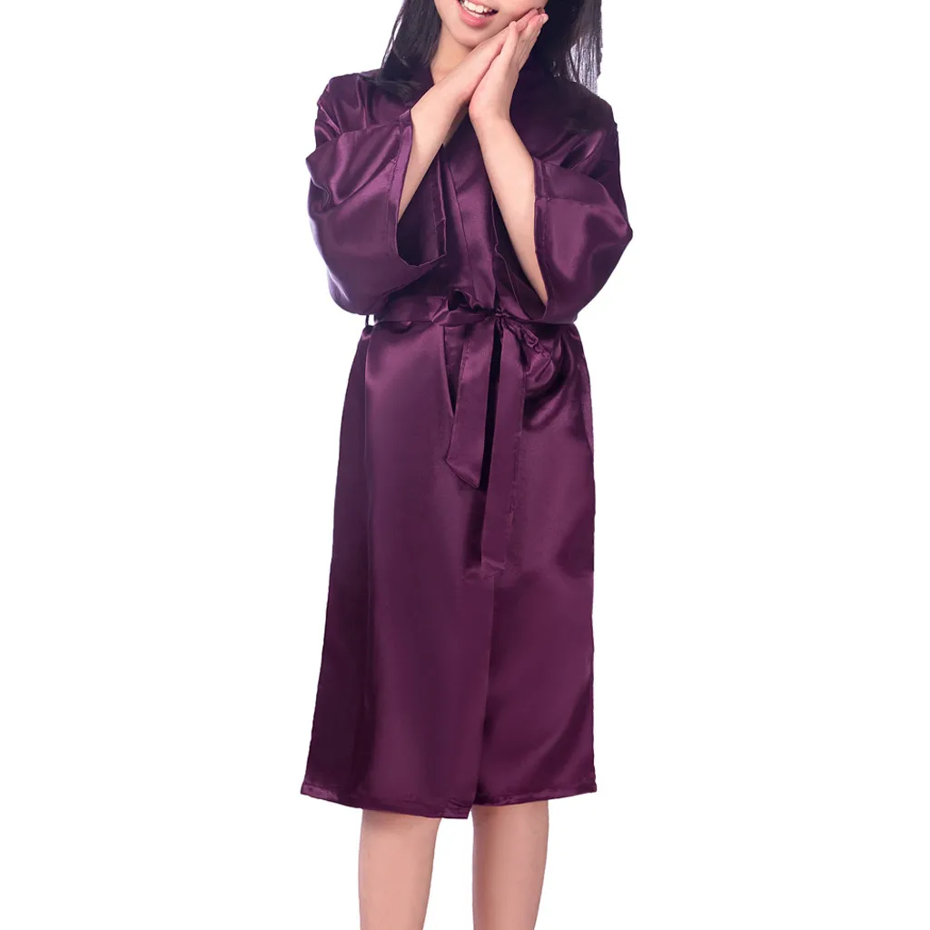 Модная детская атласная Однотонная ночная рубашка с длинными рукавами нижнее