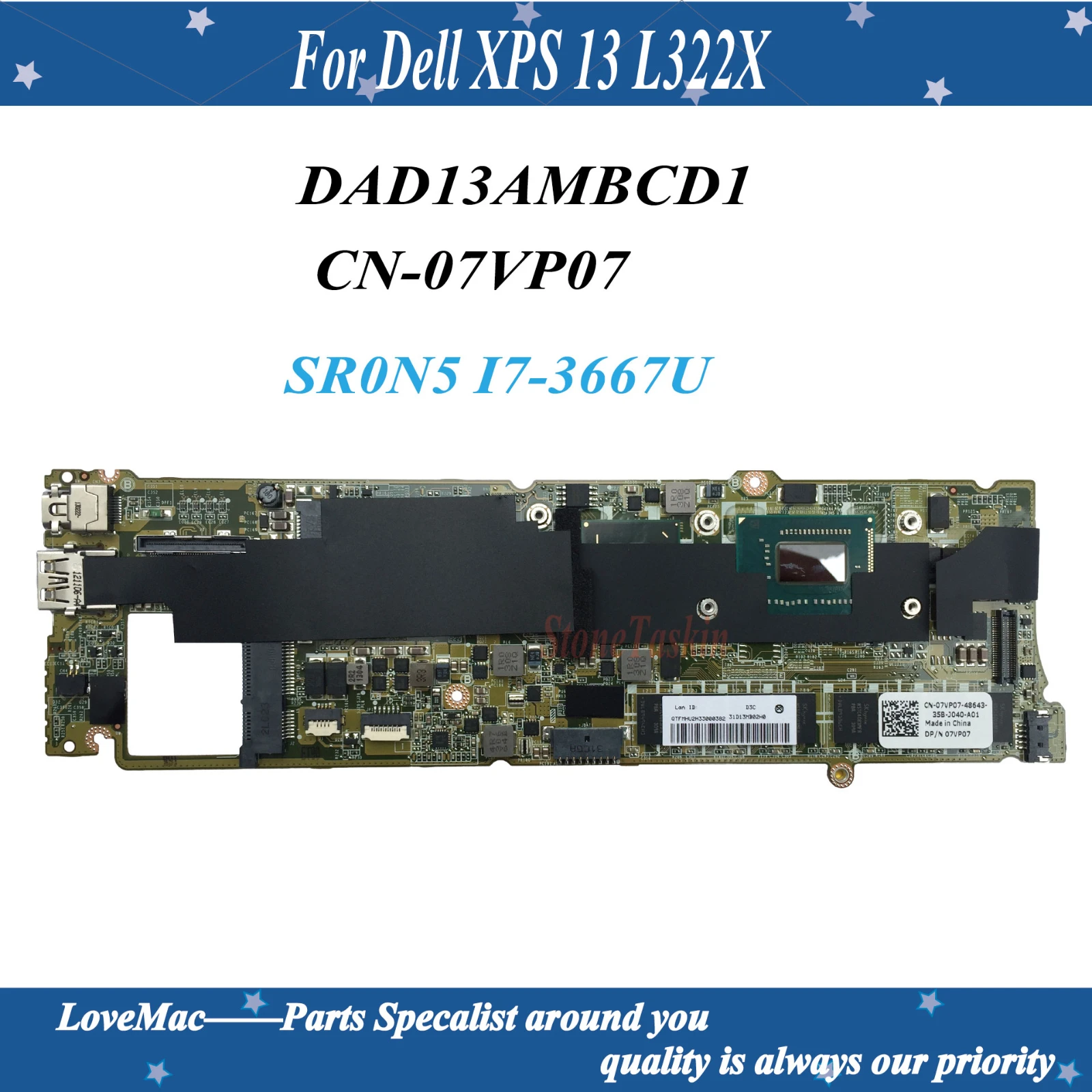 

High quality CN-07VP07 For Dell XPS 13 L322X Laptop with CPU SR0N5 I7-3667U P/N 07VP07 DAD13AMBCD1 100% tested