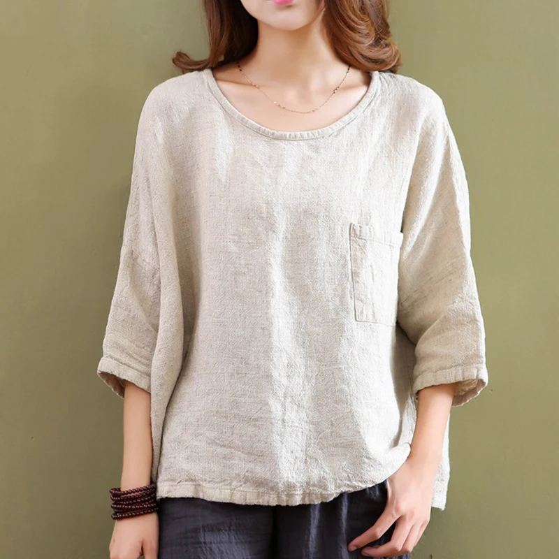 

Женская футболка с карманами Johnature, хлопково-льняная рубашка с коротким рукавом, круглым вырезом, свободного кроя, винтажный Топ, для весны, ...