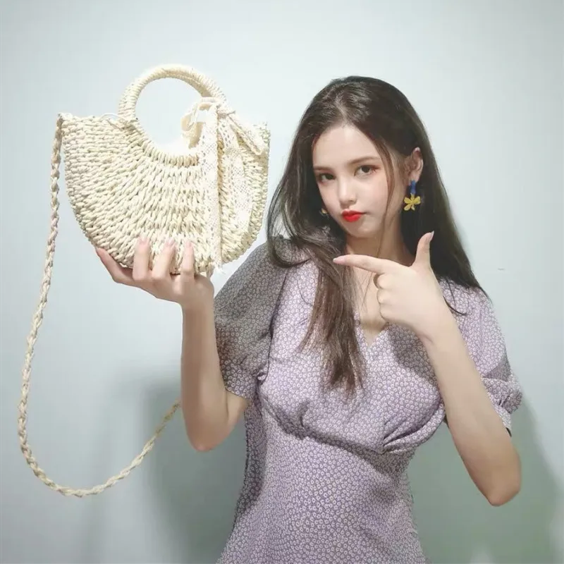 

Women Hand-Woven Handbag Big Capacity Drawstring Beach Shoulder pink Crossbody bags for women 2021 bags handbags purse