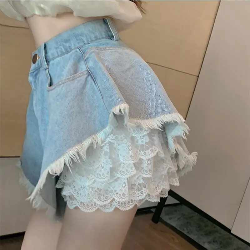 

Lace Denim Shorts Women's High Waist Summer 2021 New Summer Loose Wide-leg Umbrella Pants Hot Pants Ruffle Shorts For Girls