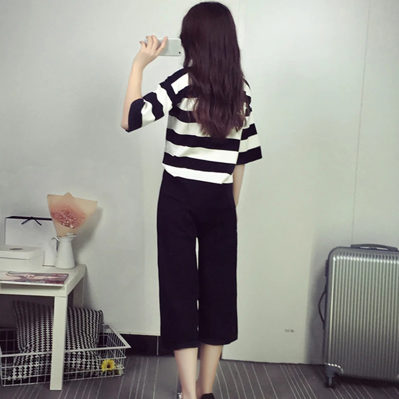 

Women Fashion 2 Pieces Sets Loose Striped Tops Elastic Waist Wide Legs Pants