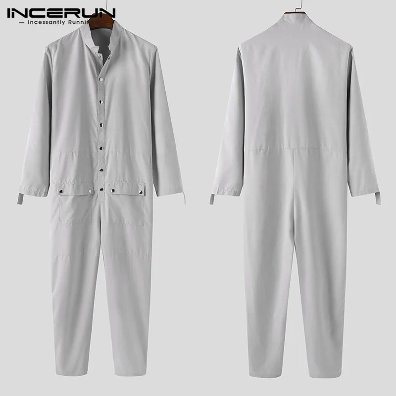 

INCERUN Men Jumpsuit Solid 2021 Long Sleeve Stand Collar Button Fashion Cargo Overalls Streetwear Chic Rompers Men Pants S-5XL