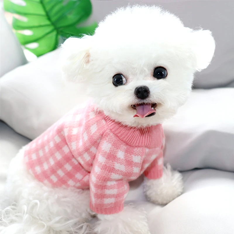 Pink Plaid Dog Sweater Fall Winter Clothes Puppy Knitwear Teddy Bichon Pullover Warm Pet Clothes Cartoon Bunny Clothes