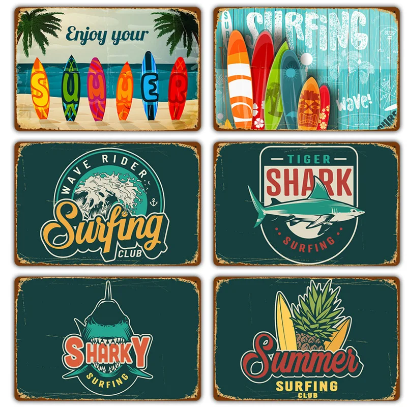 

Beach surfing Sign Tin painting vintage Warning Metal Sign Coffee shop background Wall Decor Yard Sign Beach surfing Metal Signs