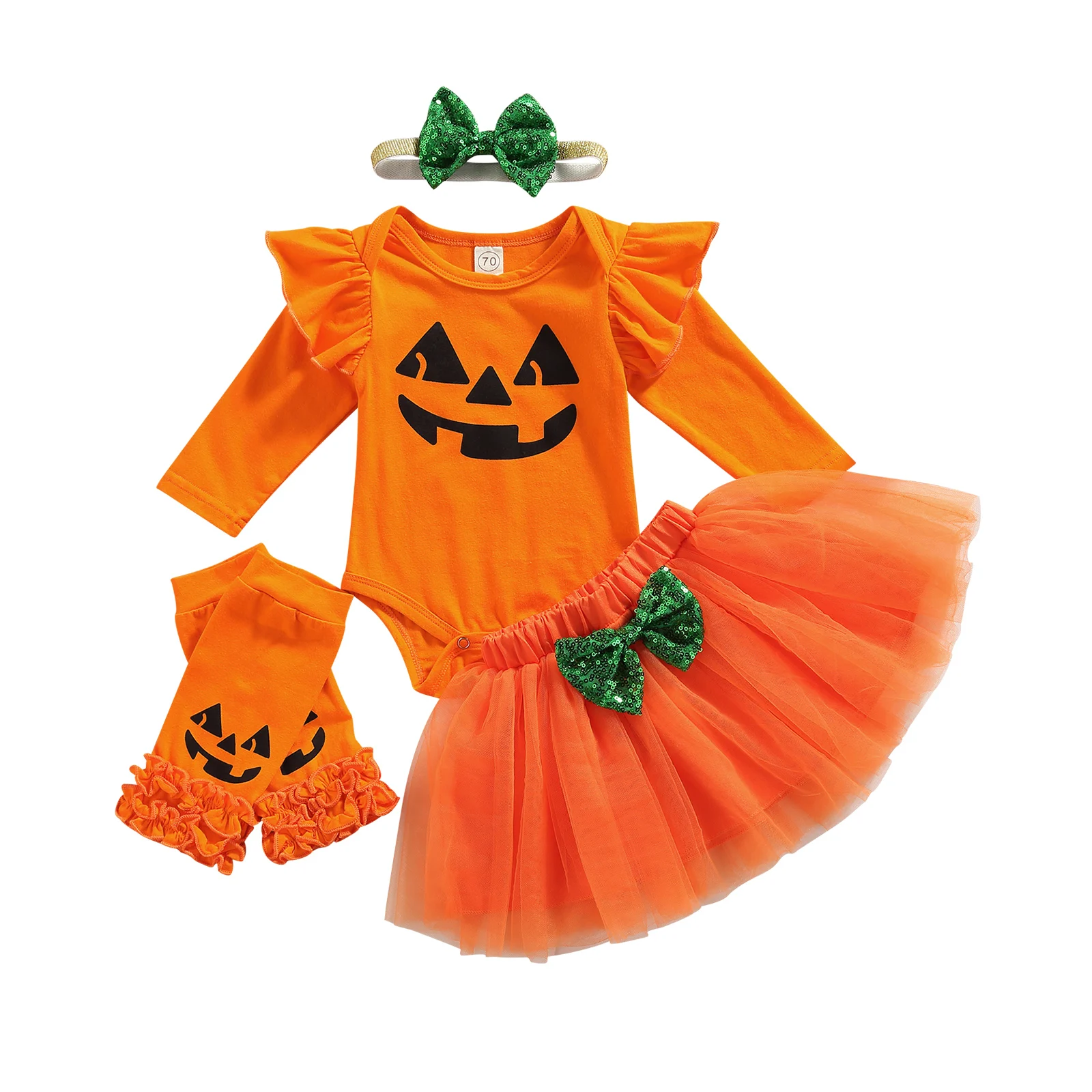 4Pcs Halloween Baby Girls Outfit Pumpkin Printing Long Sleeve Round Collar Romper + Mesh Bubble Skirt + Leggings + Headwear Set