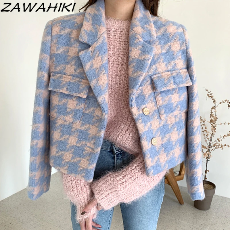 

Женская клетчатая куртка zawhiki, короткая однобортная винтажная куртка в Корейском стиле на осень и зиму