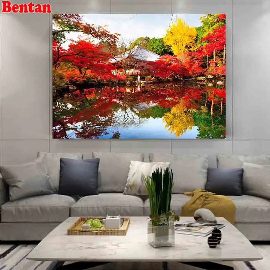 Алмазная живопись 5D Diy Набор для вышивки крестиком Осенний ландшафт сад Фотофон