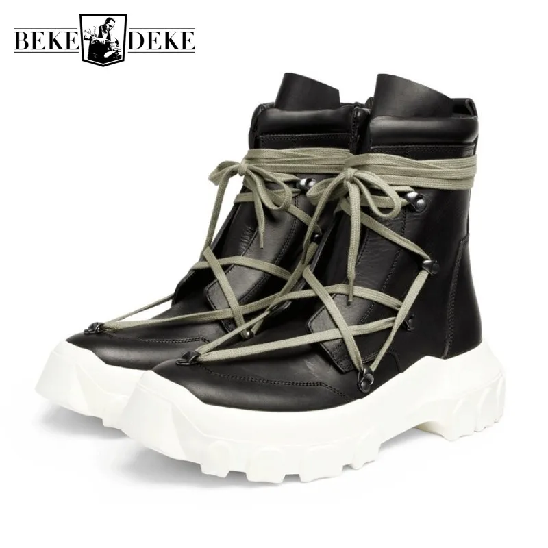 Мужские высокие ботинки из натуральной кожи черные кроссовки на платформе со