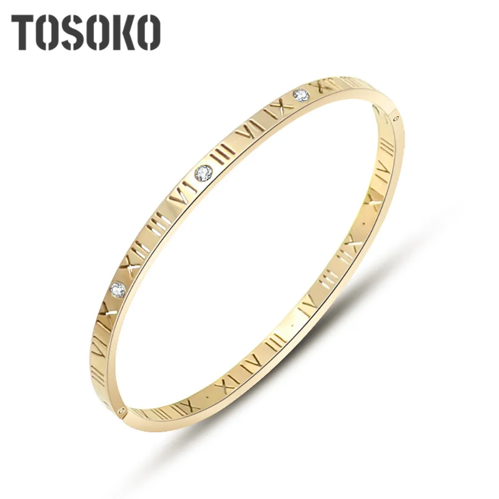 

TOSOKO Stainless Steel Jewelry Roman Digital Zircon Inlaid Narrow Version Bracelet Women's Fashion Bracelet BSZ043