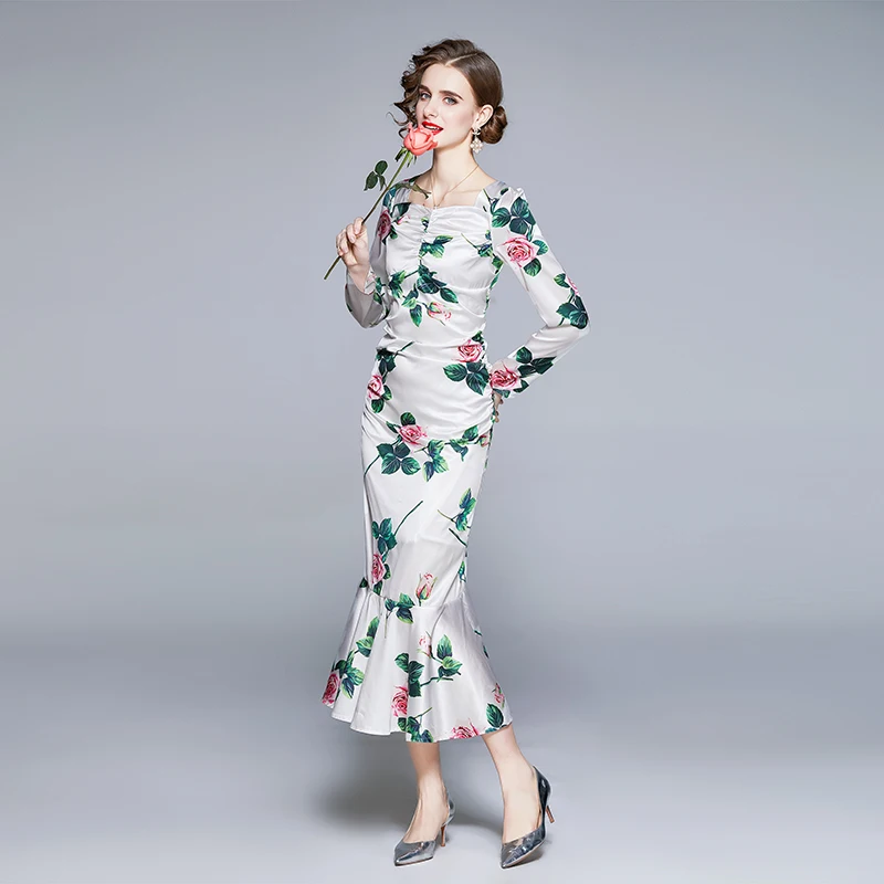 

Merchall New 2021 Fashion Runway Elegant Silk Mermaid Maxi Dress Woman Sexy Package Hip Flower Print Party Dinner Robe M61876