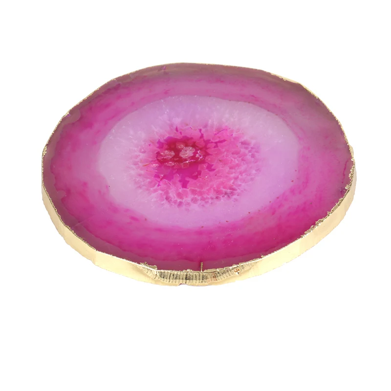

Rose Hot Pink Onyx Stone Slice Jewelry Display Pure Gold Color Tool Coaster For Drink for Cupcake Home Decoration Wedding Gift