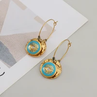 eye of wealth blue color oil enamel womens retro earrings stainless steel 14k gold french light luxury wind gold earrings